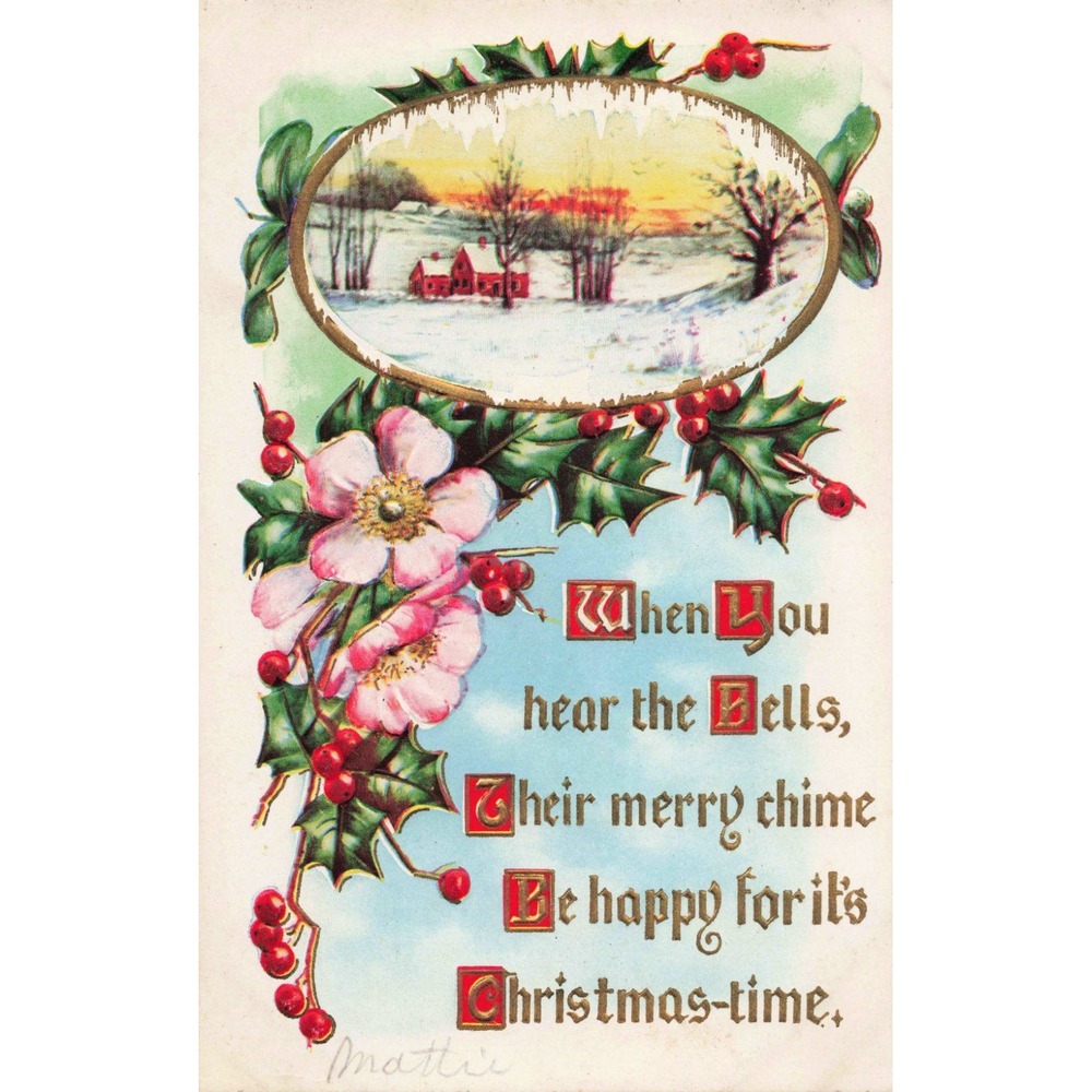Vintage Embossed Christmas Postcard Winter Scene Holly Pink Flowers Mattie VG - Picture 1 of 2